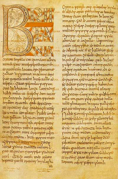 Folio 3v del cdice Beda Petersburgiensis (746). A la derecha texto de dicho folio.Historia ecclesiastica gentis Anglorum (Liber primus) de Beda el Venerable